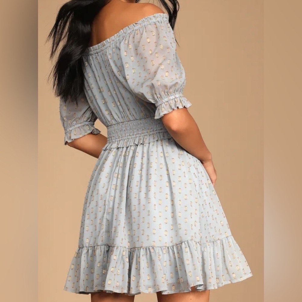 Lulus Touch of Glam Dusty Blue Dotted Off-the-Shoulder Mini Dress | Size Small